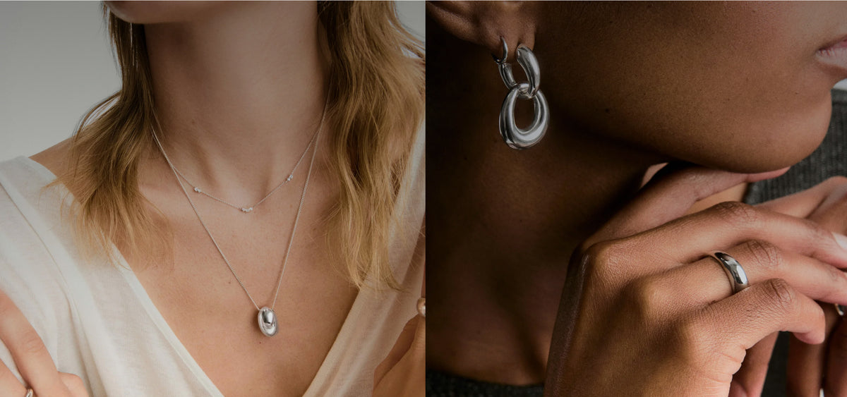 Layered necklaces, earrings and rings in everyday wear